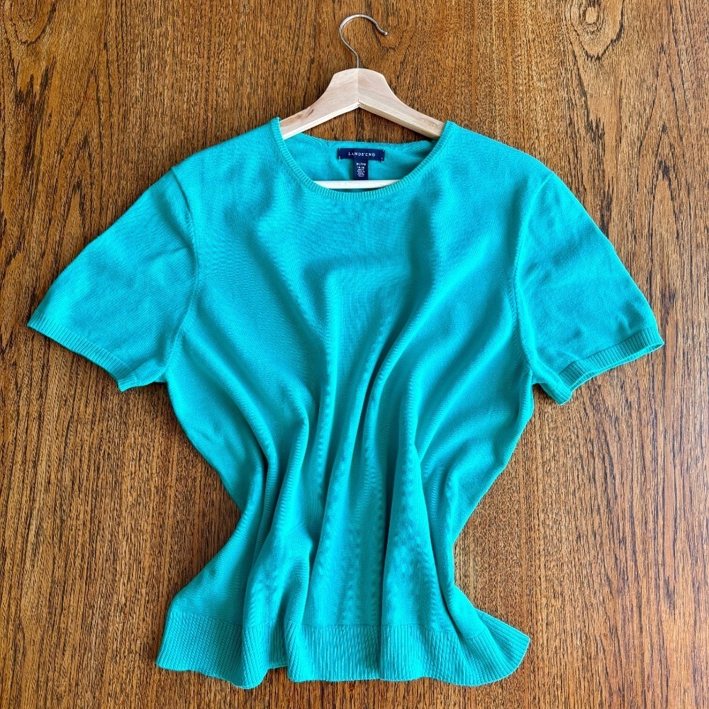 Land’s End teal green crew neck knit short sleeve Pima Cotton Size XL
